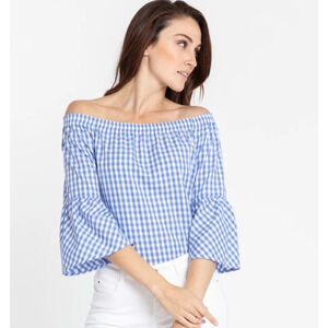 HINSON WU SHIRT LENA OFF SHOULDER 3/4 SLEEVE SHIRT SIZE SMALL LT BLUE WHITE